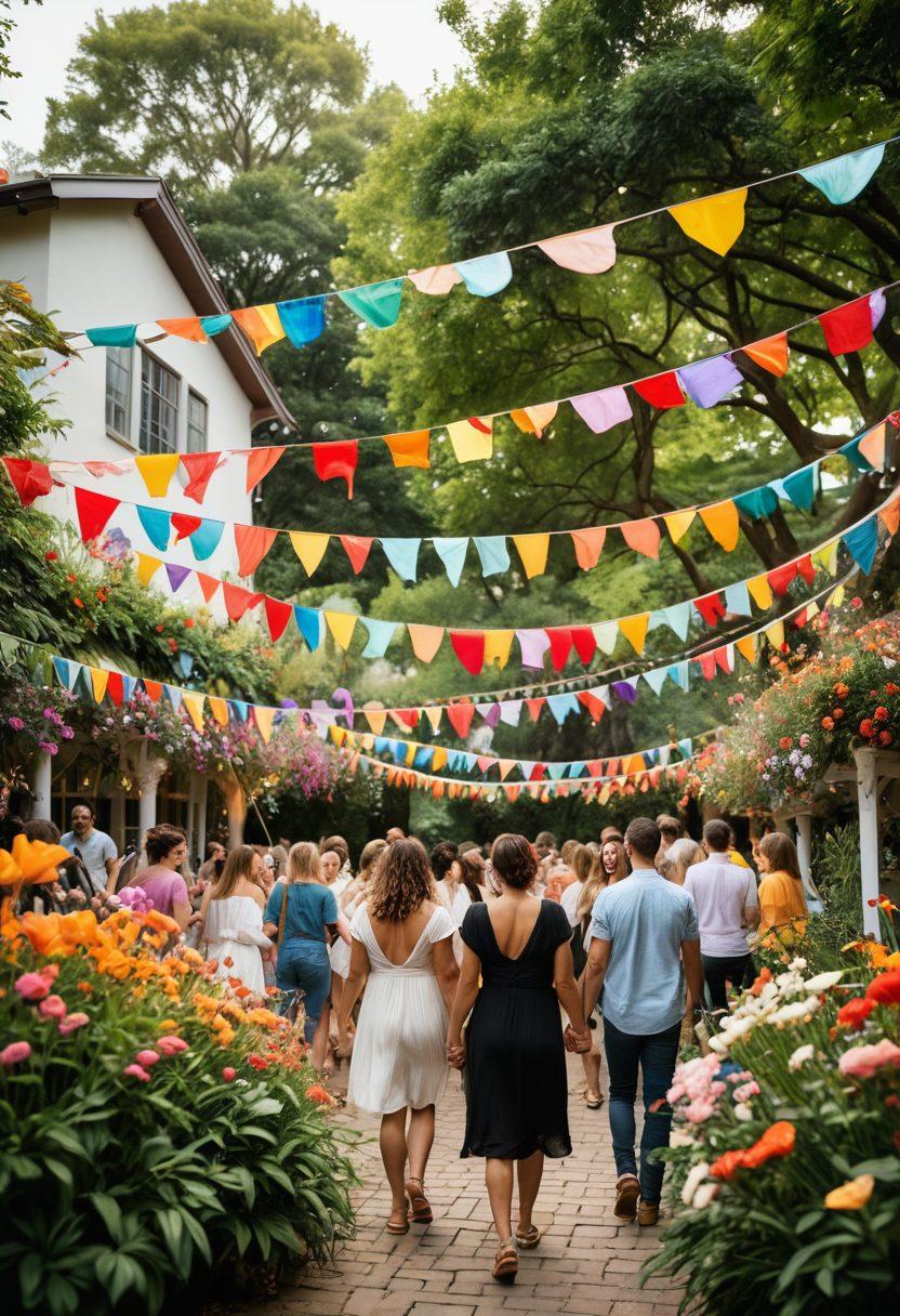 A vibrant scene depicting a diverse group of people engaging in joyful social interactions at an outdoor gathering. Include symbols of love and connection like intertwined hearts and colorful flags representing the LGBTQ+ community. Show individuals of different backgrounds and orientations exploring each other’s emotional bonds while enjoying music and dance in a lush garden setting. Bright, warm colors to evoke feelings of acceptance and excitement. surrealism. vibrant colors. lush scenery.