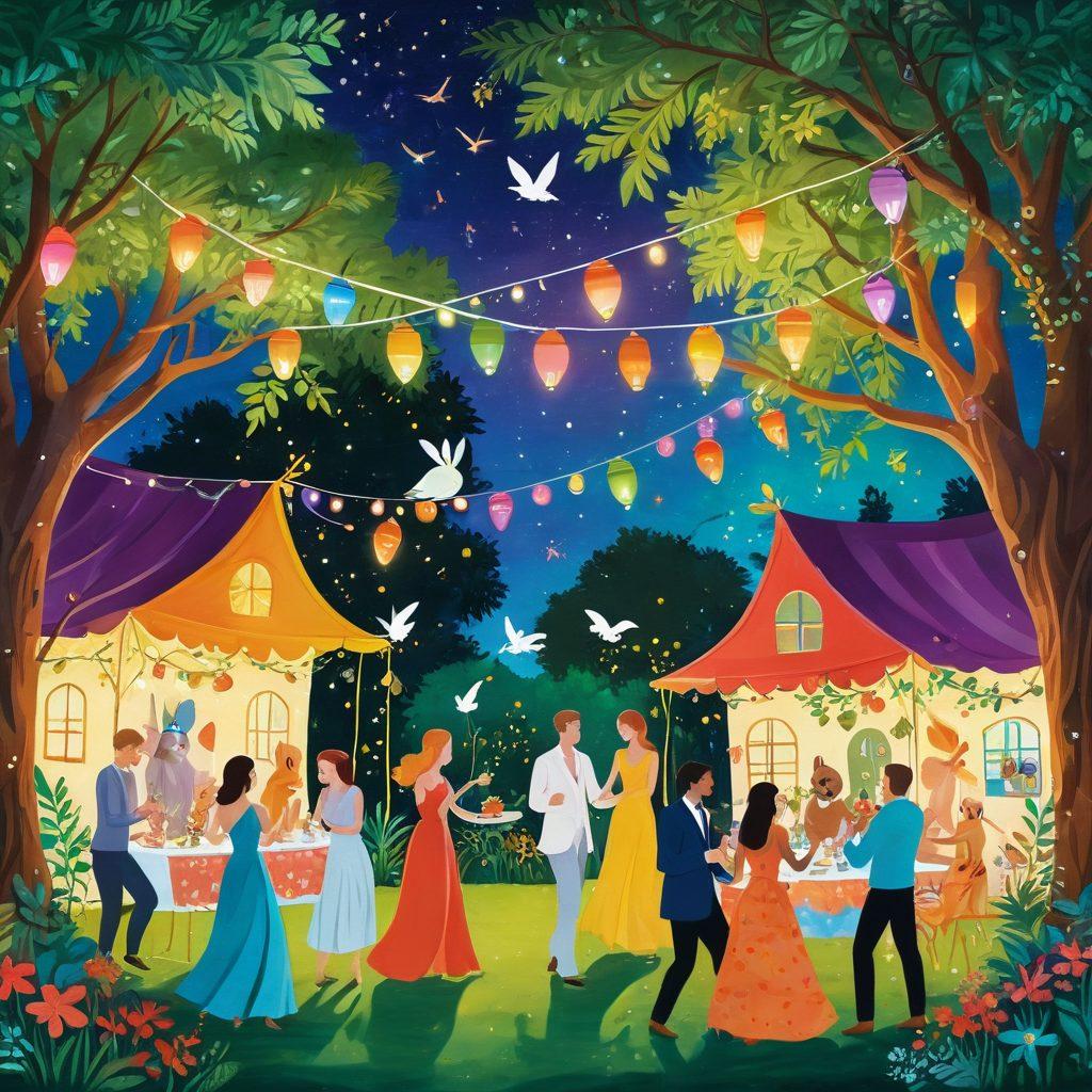 A whimsical illustration depicting a vibrant garden party where diverse couples embrace their alternative lifestyles, featuring lush greenery, colorful decorations, and playful elements like floating lanterns and playful animals. Include hints of fantasy, such as sparkling fairy lights overhead and magical creatures mingling among the guests, showcasing joy and freedom in swinging and open relationships. painting. vibrant colors. whimsical. nature-inspired.