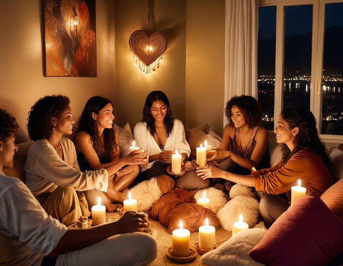 A sensual and intimate scene depicting a diverse group of people engaged in playful, flirtatious interactions within a cozy, candle-lit room, adorned with plush cushions and eclectic decor. Incorporate symbols of alternative relationships, like intertwined hands or heart shapes made of silk ropes, and soft, warm lighting to enhance the atmosphere. Emphasize inclusivity and connection among various identities and orientations to reflect the blog's theme. bohemian style. warm colors. soft focus.